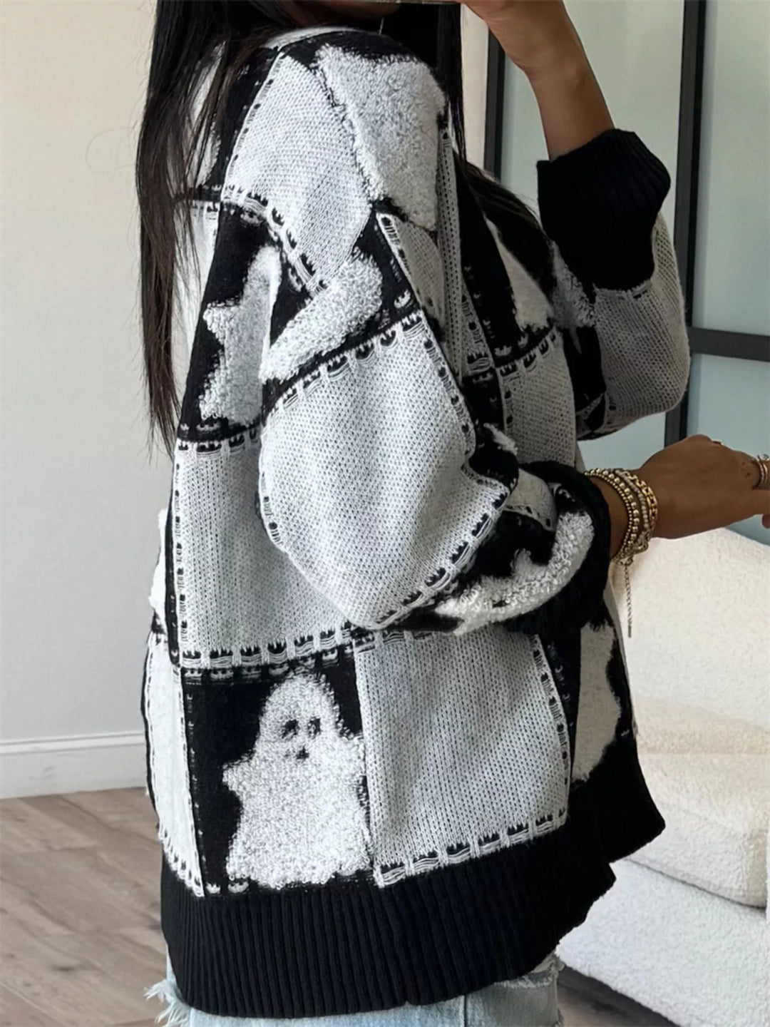 Fuzzy ghost checkered drop shoulder knit sweater