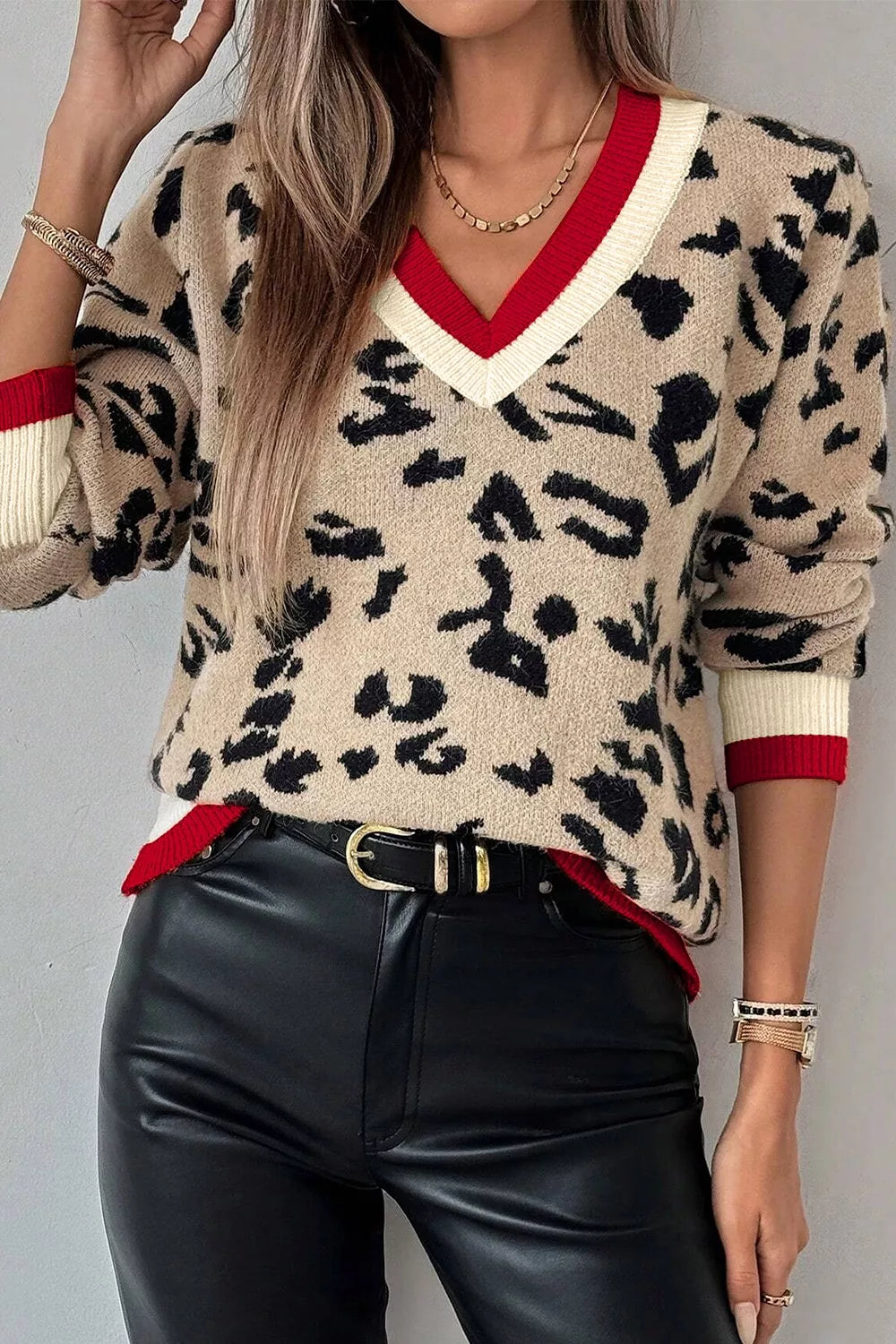 Leopard Leopard print v-neck sweater with contrast varsity rib trim
