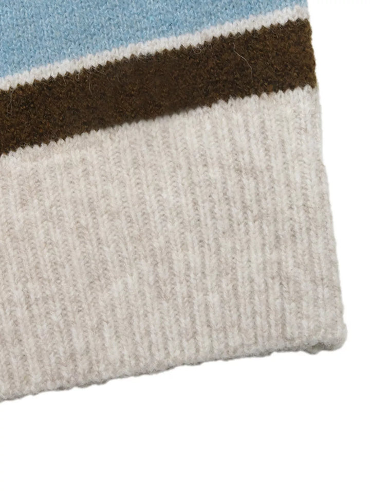 Striped knit polo collar sweater with button placket