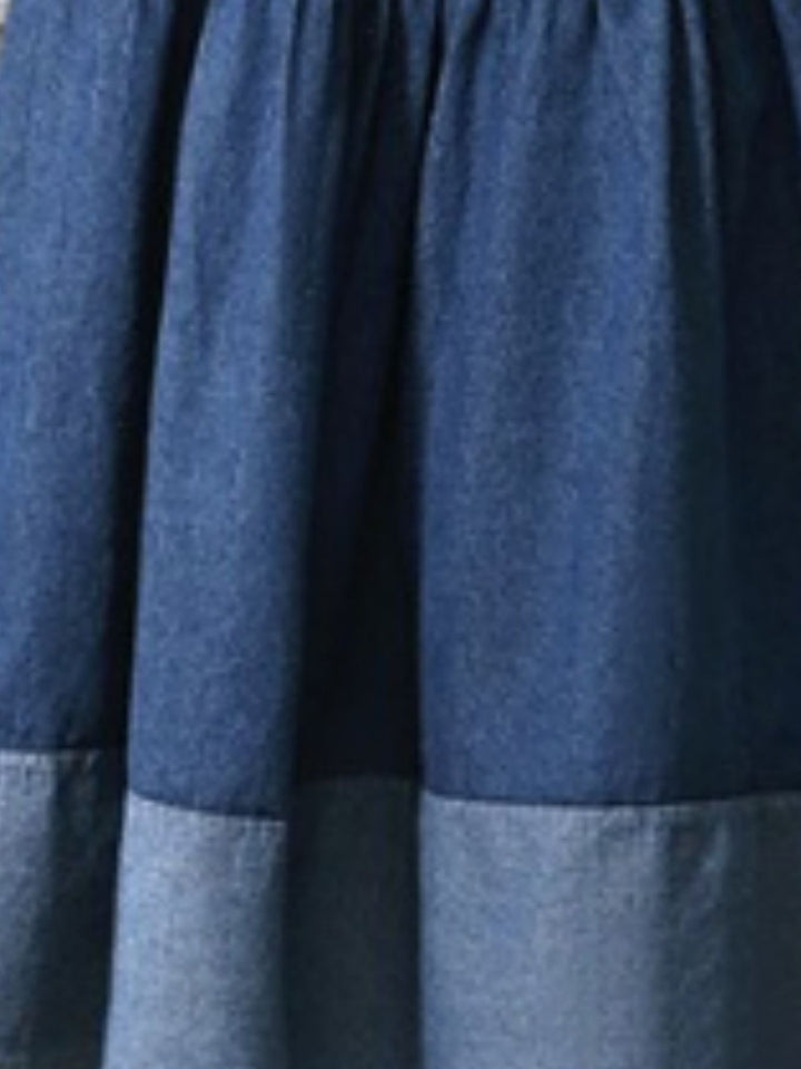 Tiered chambray denim midi skirt with elastic waist