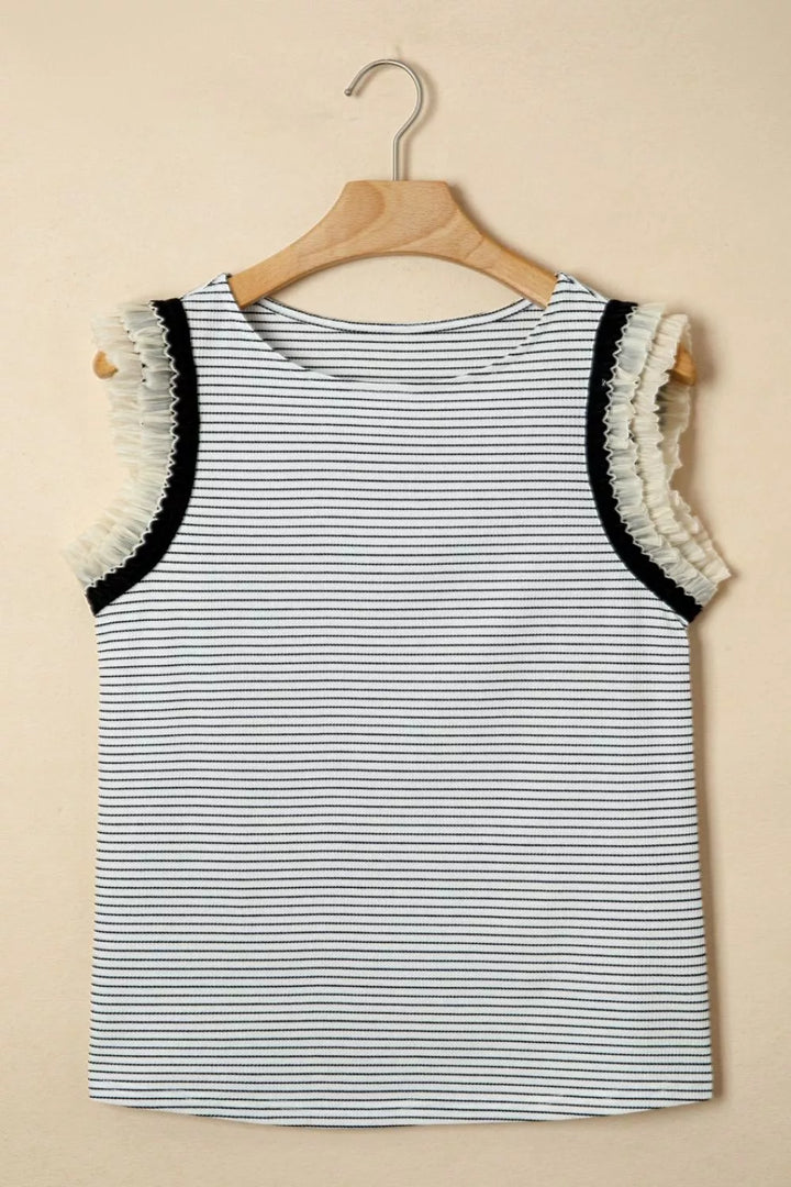 Striped tank top with ruffle shoulder trim