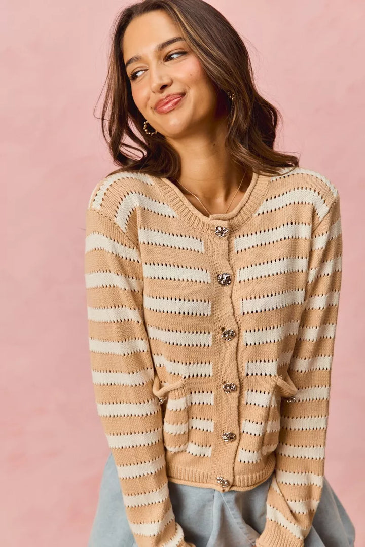 Striped openwork knit cardigan with jeweled buttons