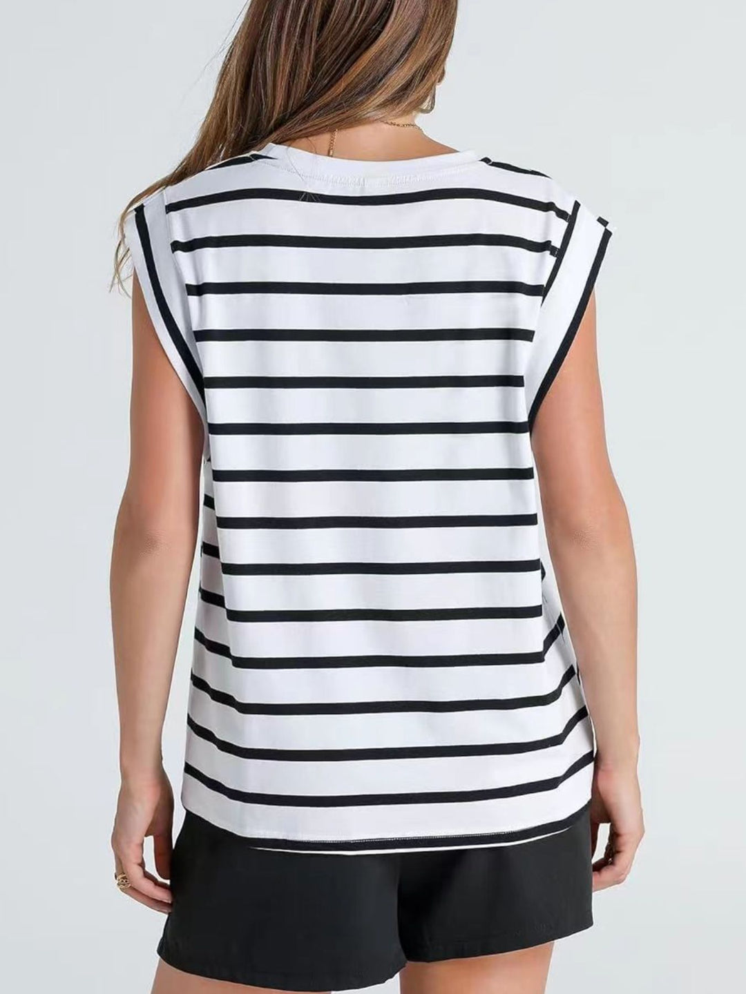 Striped cap-sleeve crew neck muscle tank top