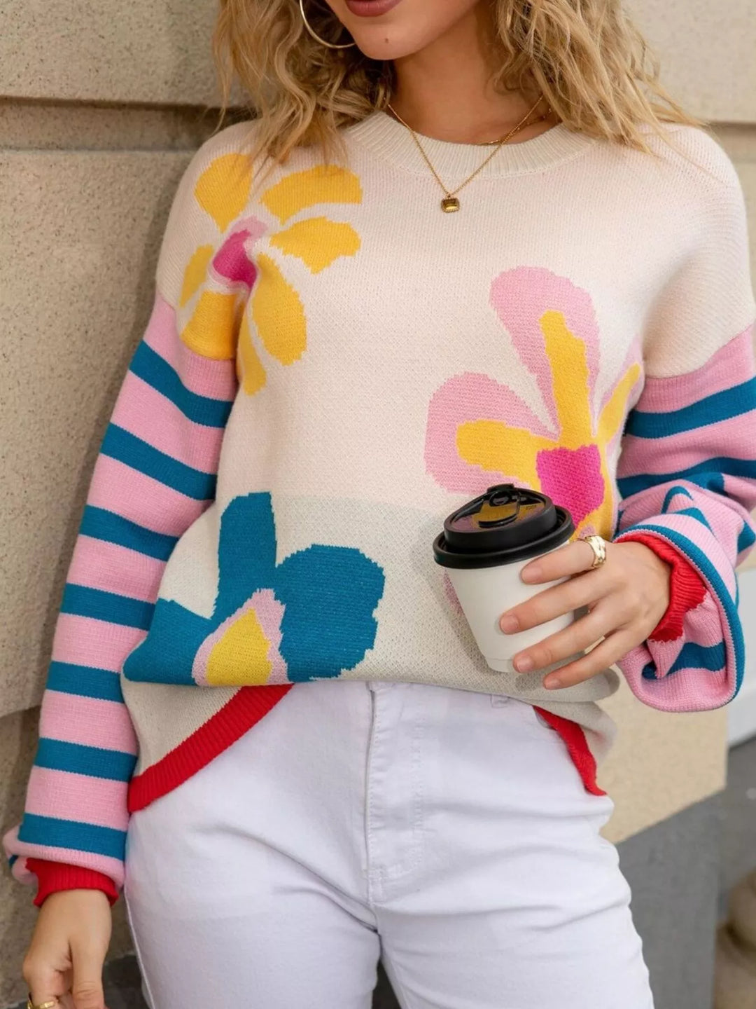 Mod floral crew neck sweater with striped sleeves