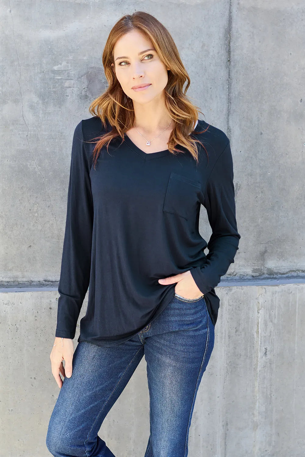 Dark Blue V-neck long sleeve top with chest pocket
