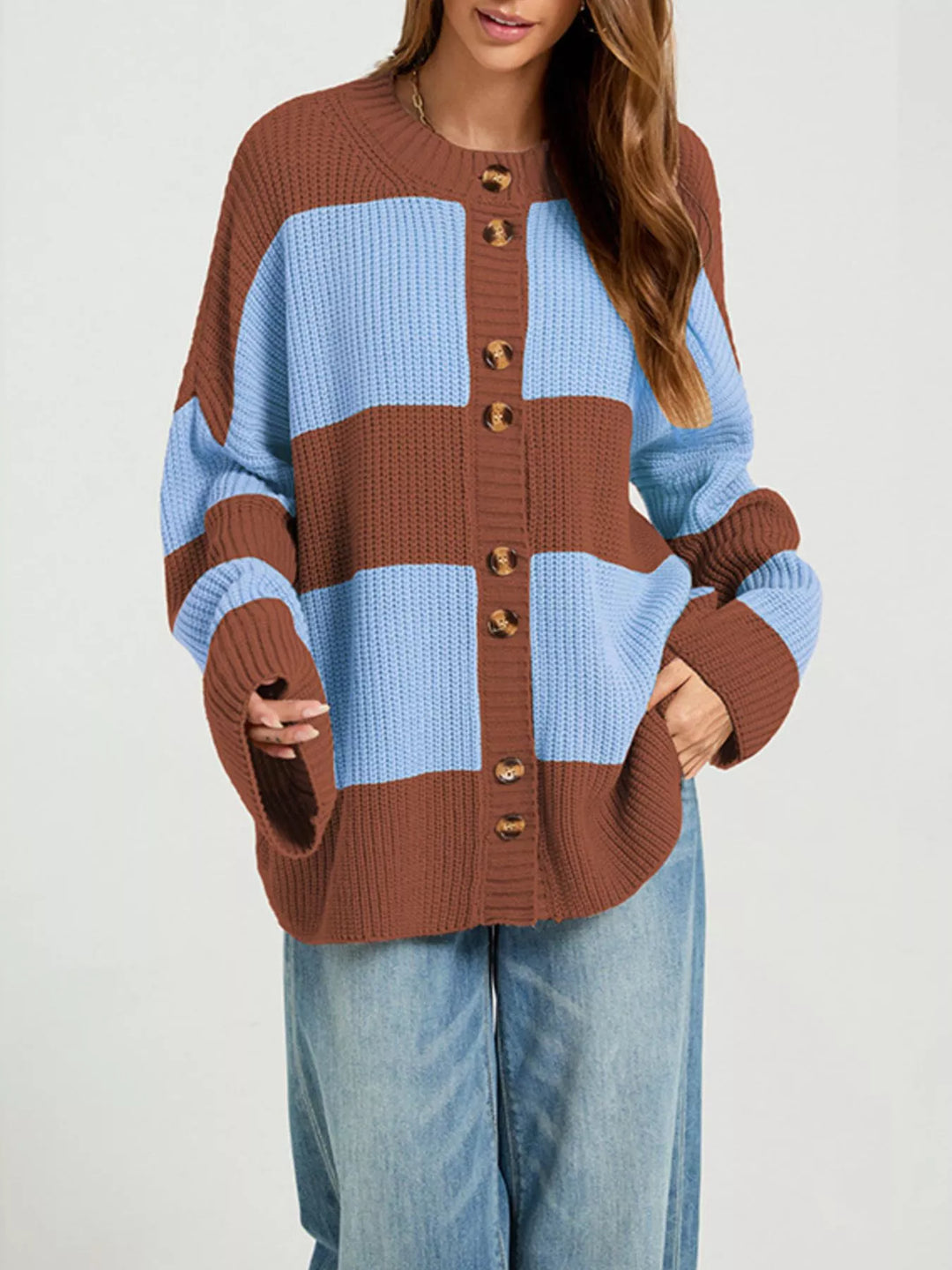 Color block ribbed knit button-up cardigan