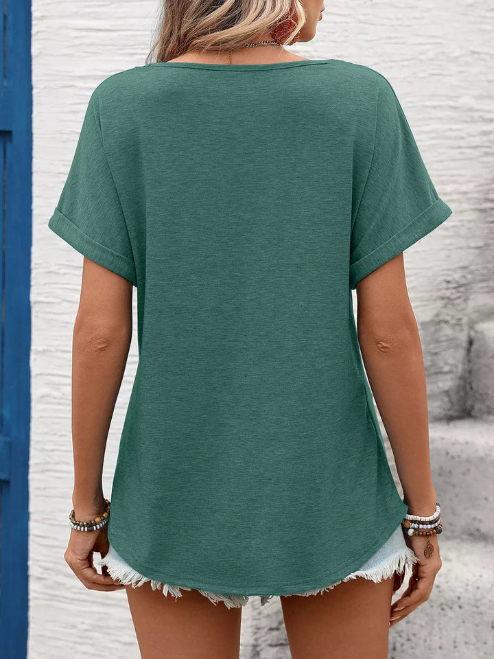 Lace-trim V-neck short sleeve top with rolled cuffs