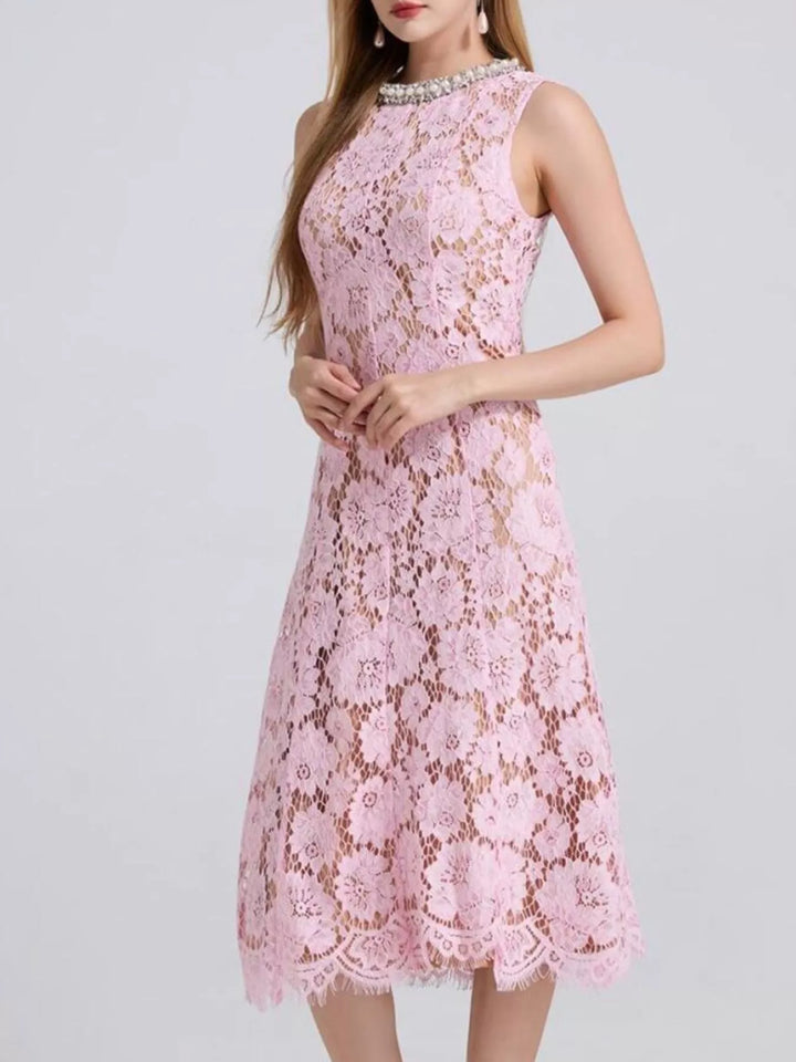 Sleeveless floral lace midi dress with pearl neckline