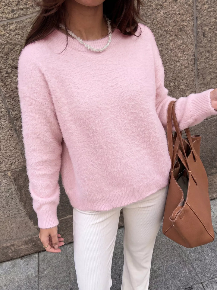 Fuzzy eyelash knit off-shoulder pullover sweater