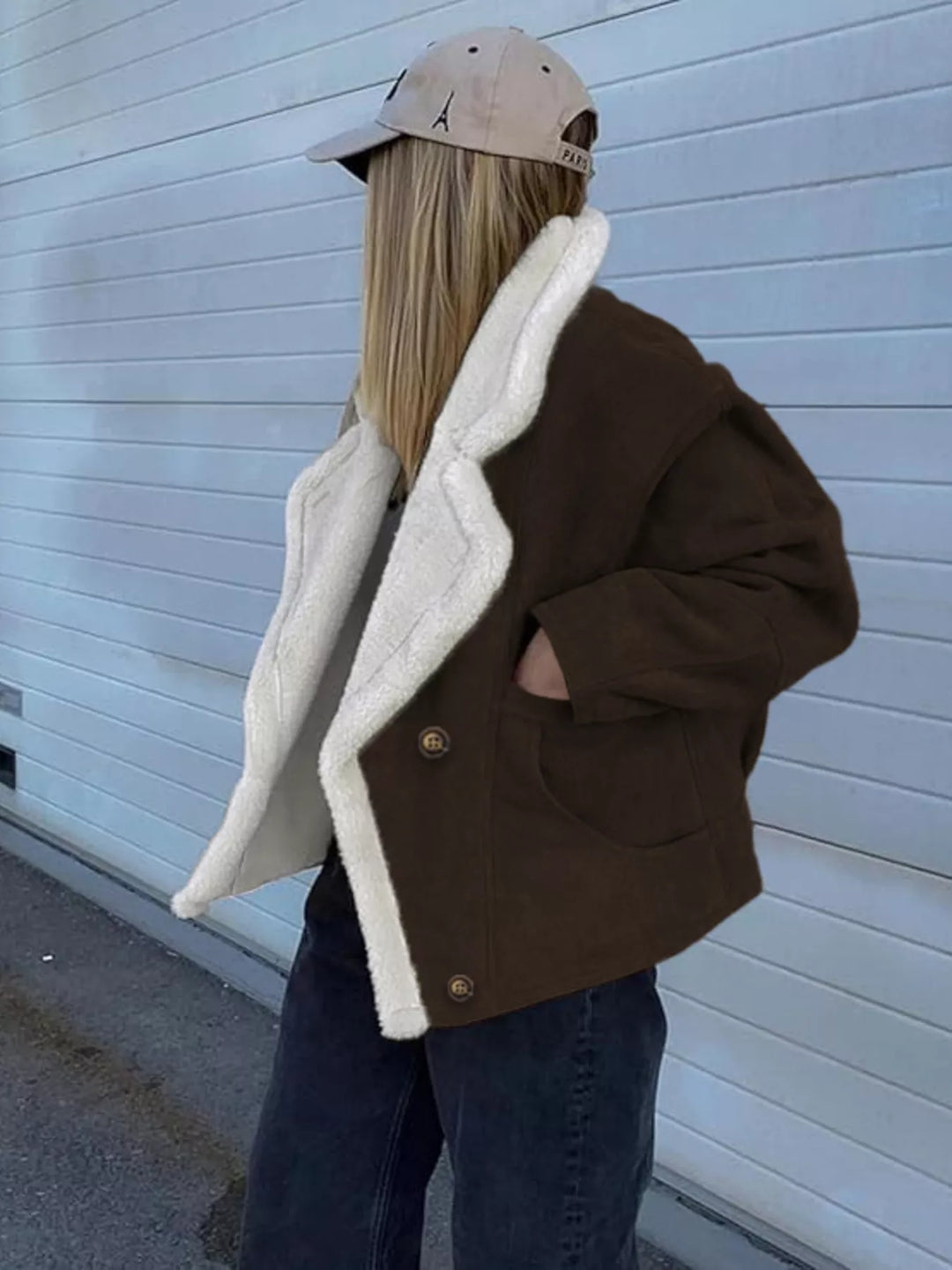Sherpa-lapel double-breasted drop shoulder fleece coat