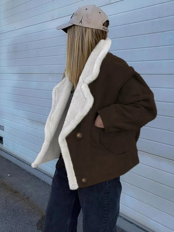 Sherpa-lapel double-breasted drop shoulder fleece coat