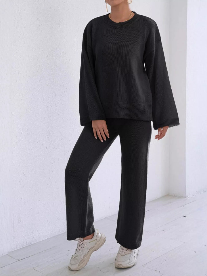 Drop shoulder knit sweater and wide leg pants set