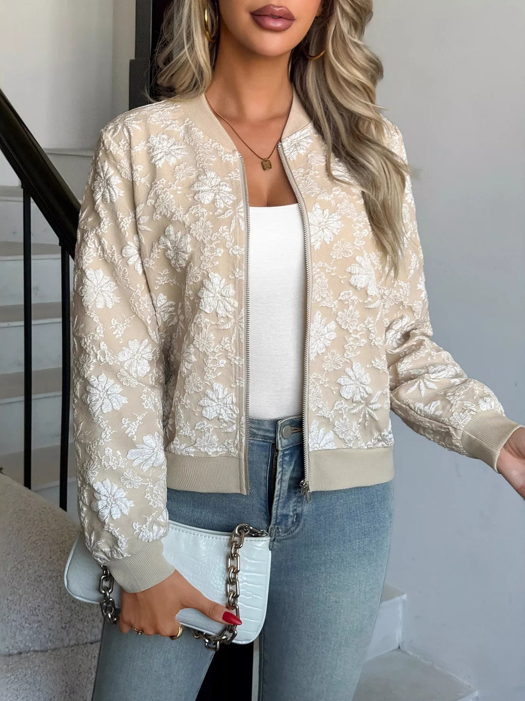 Textured floral zip-up bomber jacket with ribbed trim