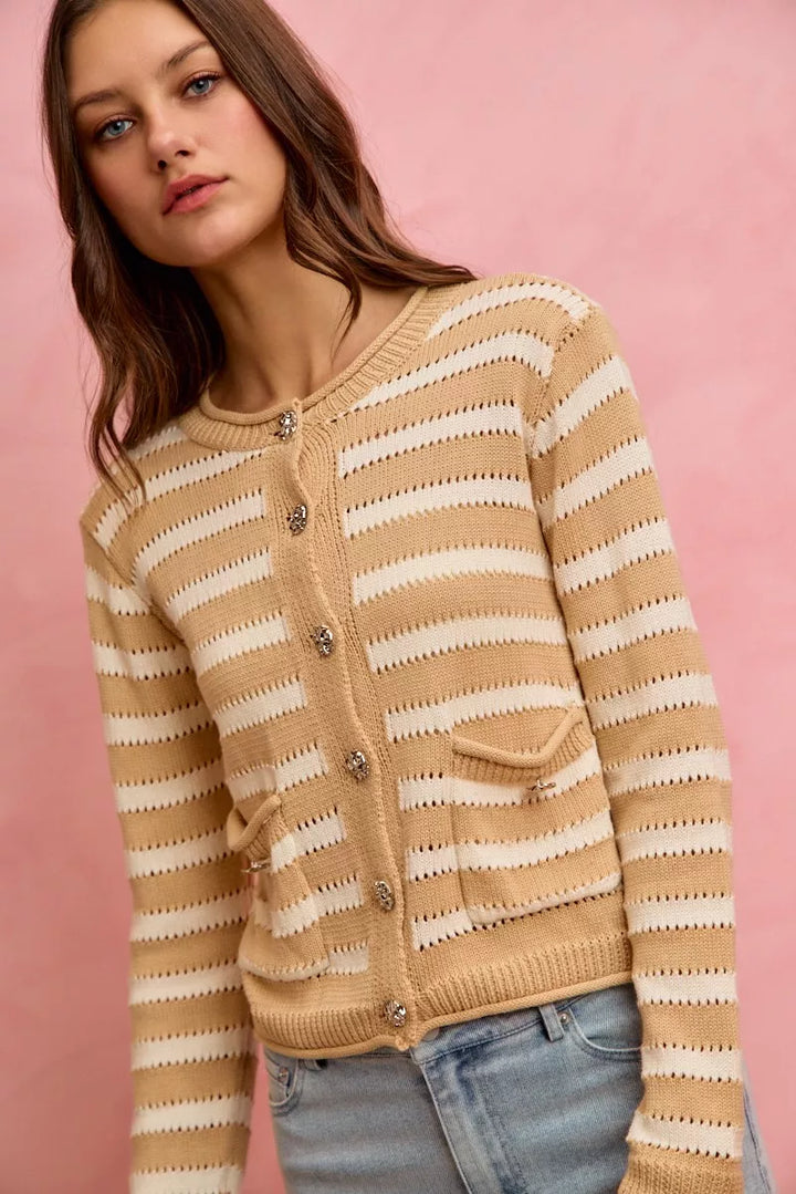 Striped openwork knit cardigan with jeweled buttons