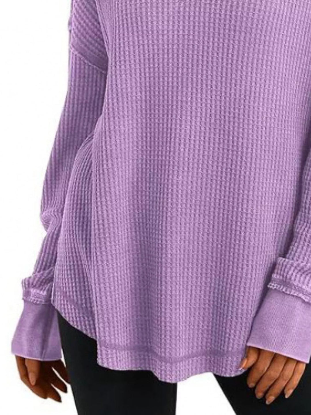 Waffle knit notched neck long sleeve tunic top