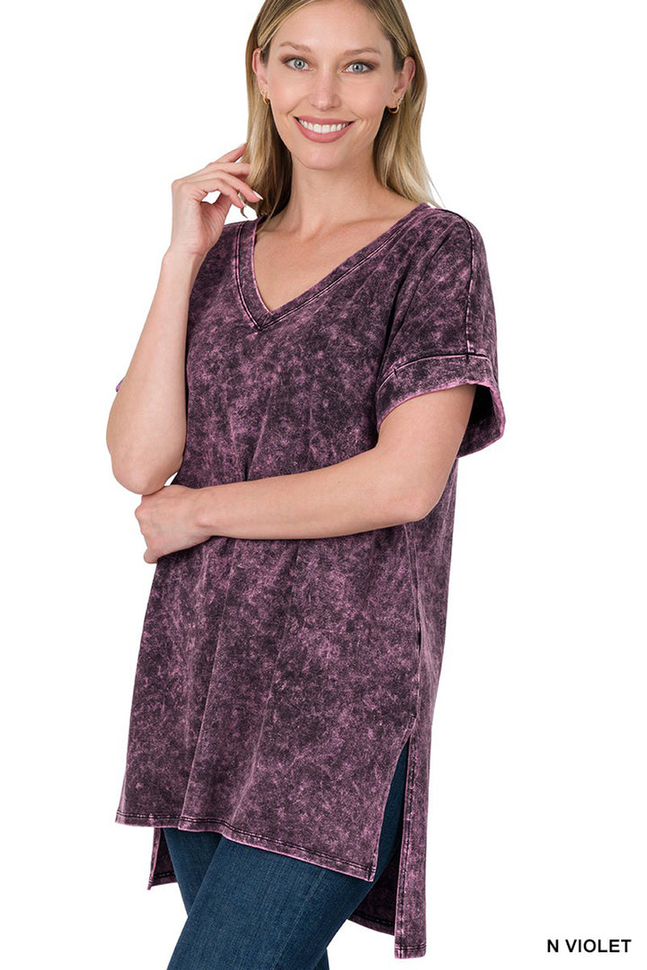 Mineral Wash Rolled Short Sleeve V-Neck Top - Azoroh