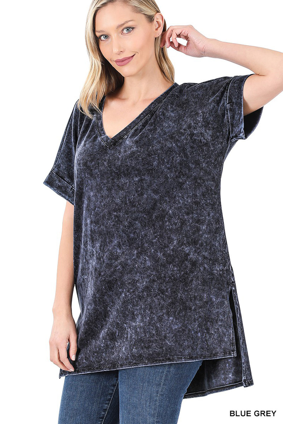 Mineral Wash Rolled Short Sleeve V-Neck Top - Azoroh