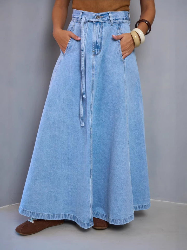 High-waisted belted A-line maxi denim skirt