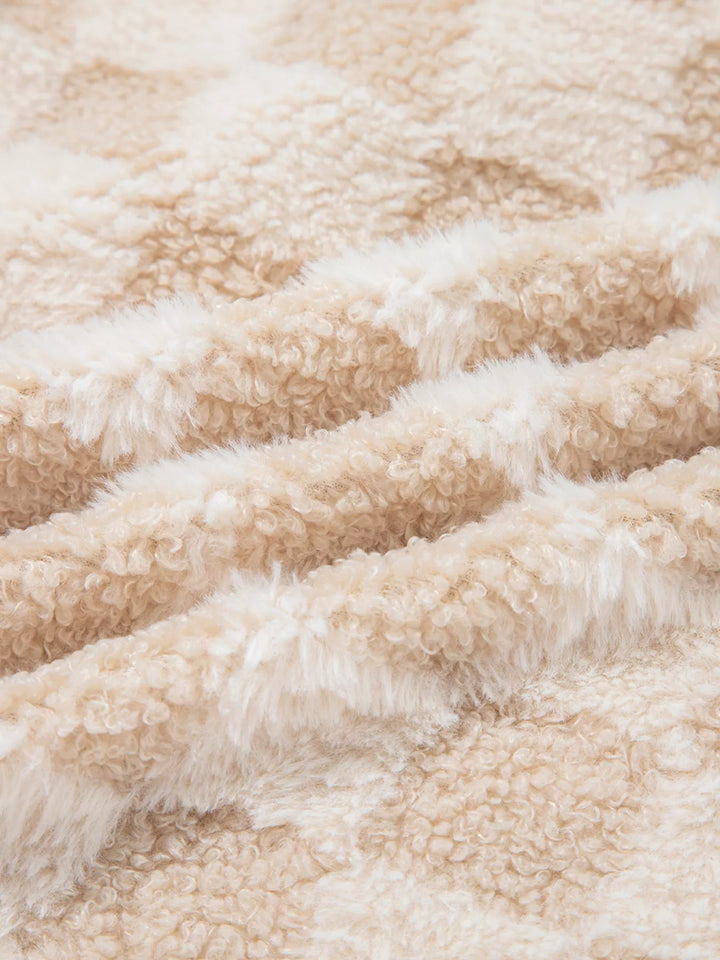Checkered sherpa zip-up jacket with corduroy collar and trim
