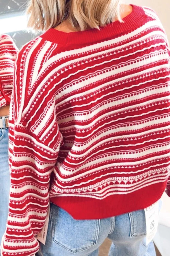 Geometric striped V-neck button front knit cardigan