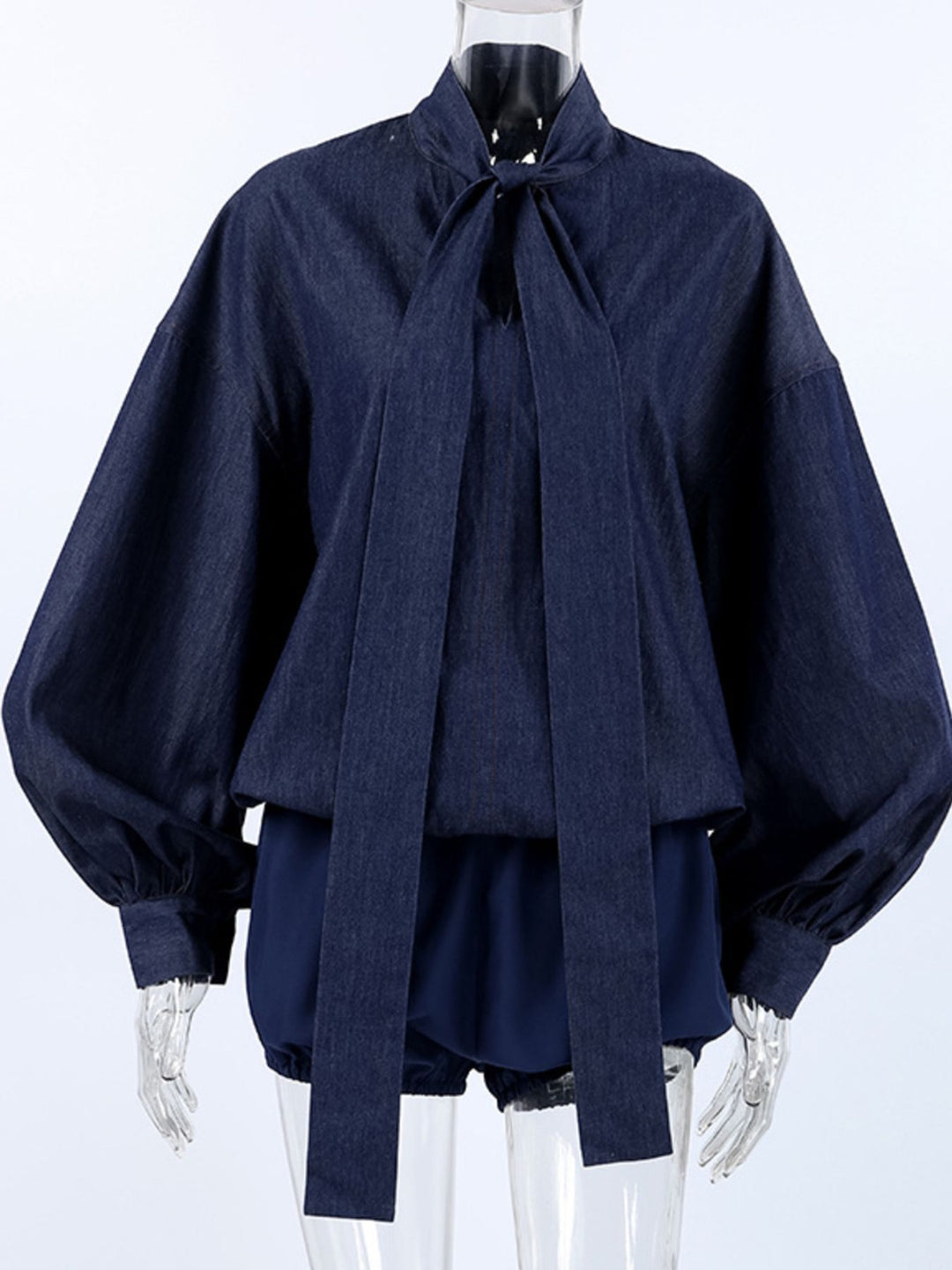 Oversized tie-front denim balloon-sleeve top and shorts set