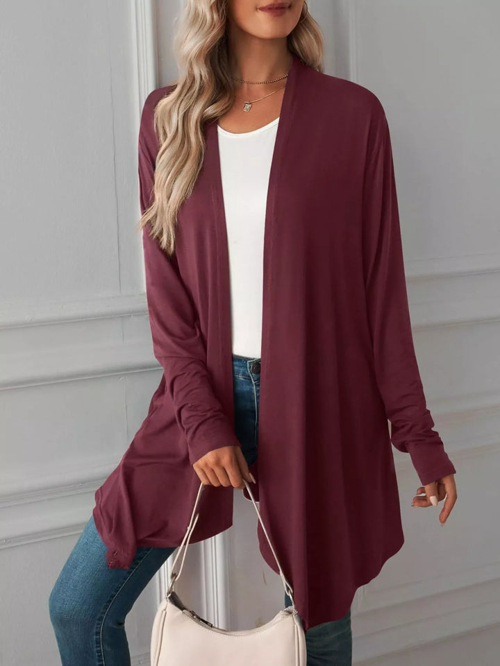 Lightweight open front cardigan with draped waterfall hem