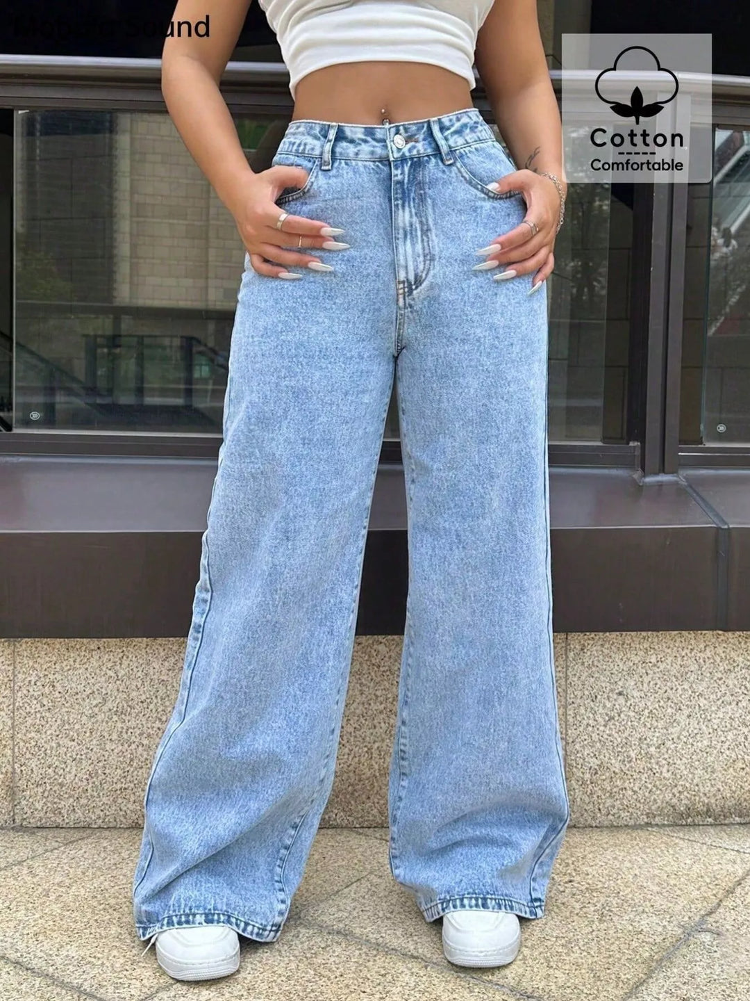 Blue High-rise wide-leg acid-wash jeans with five-pocket detailing