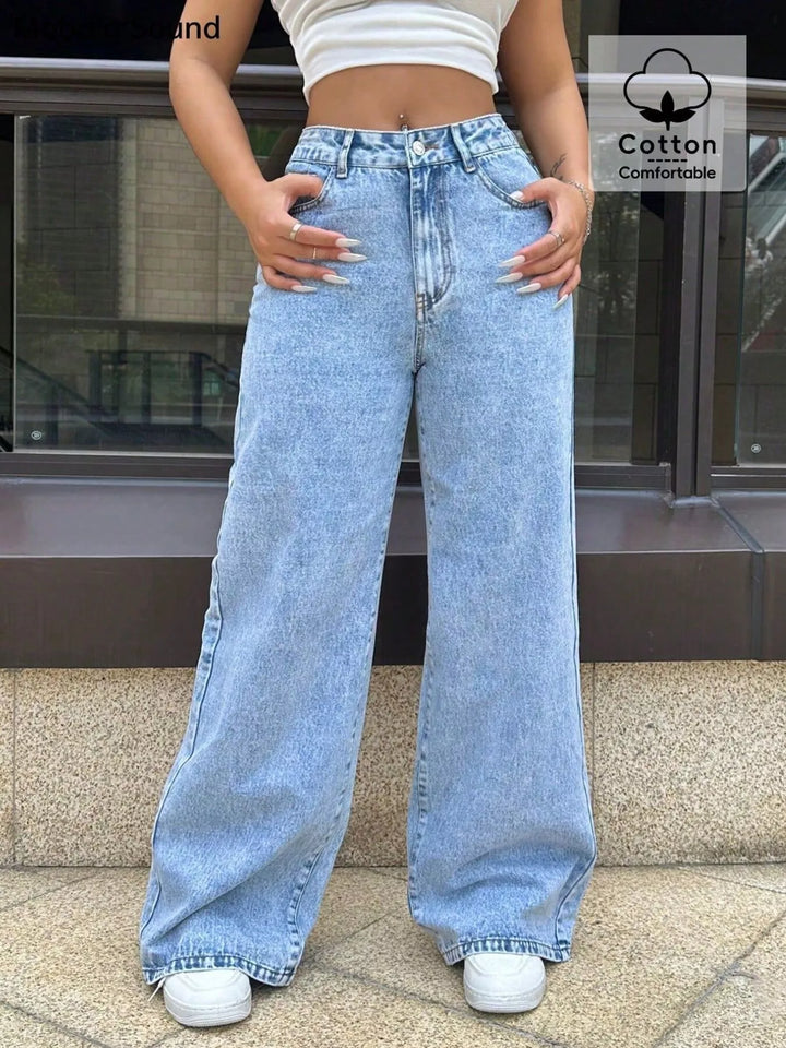 Blue High-rise wide-leg acid-wash jeans with five-pocket detailing