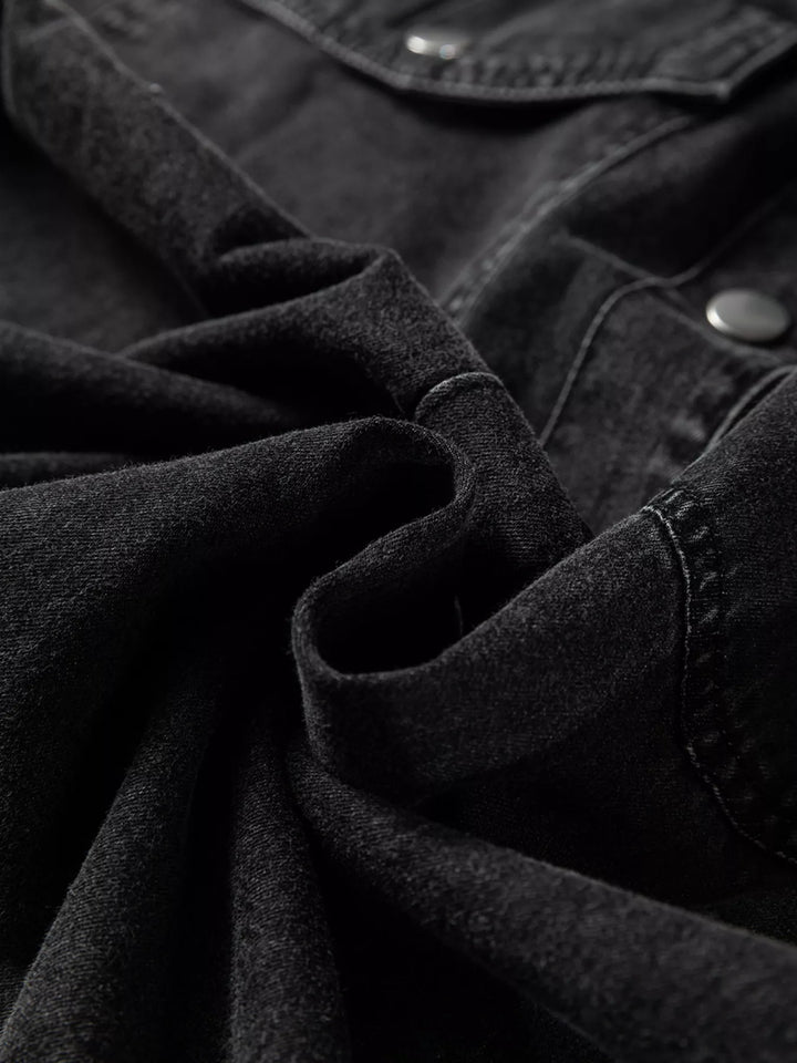 Loose-fit denim shirt dress with raw hem and chest pockets