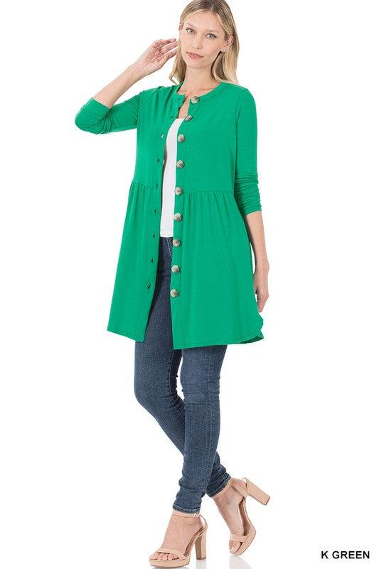 Shirred Waist Buttoned Cardigan With Side Pockets - Azoroh