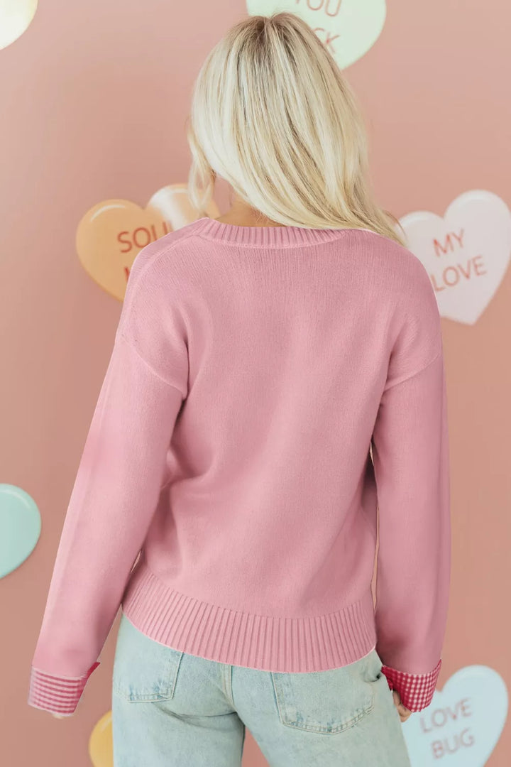Gingham heart drop-shoulder crew neck sweater