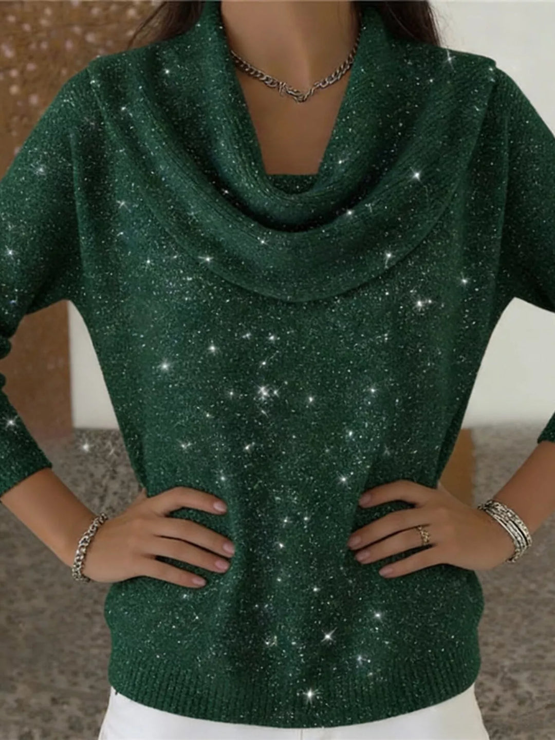 Metallic ribbed knit cowl neck sweater with curved hem