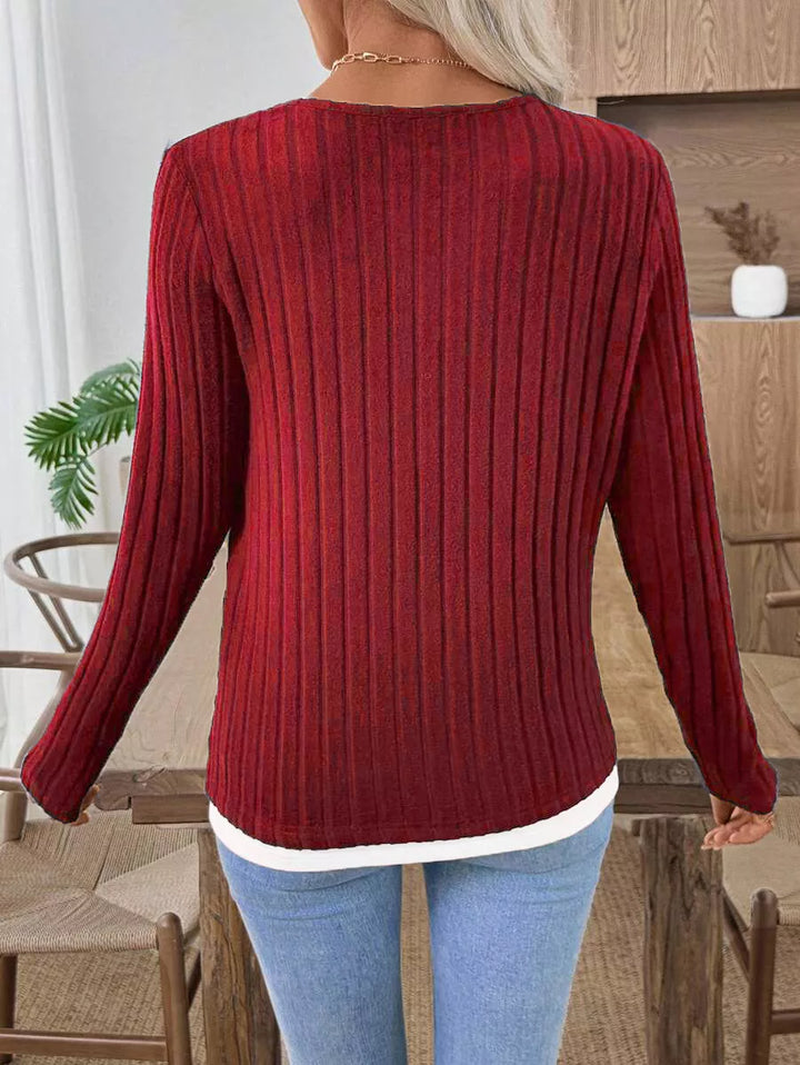 Ribbed knit long sleeve henley with contrast trim