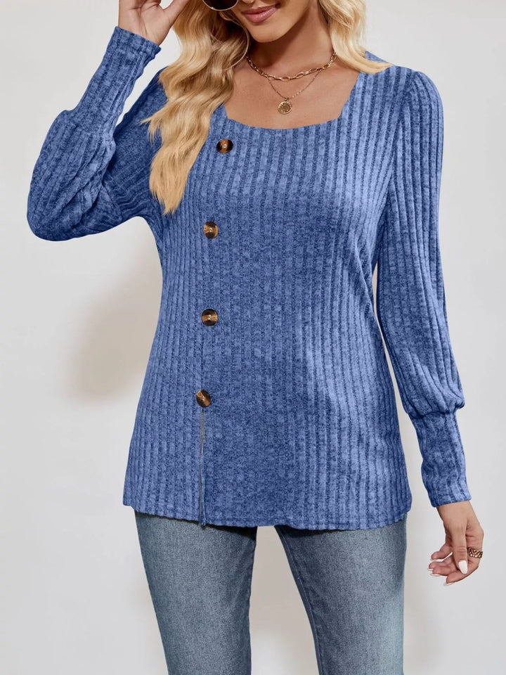 Ribbed knit square-neck top with button trim and side slit