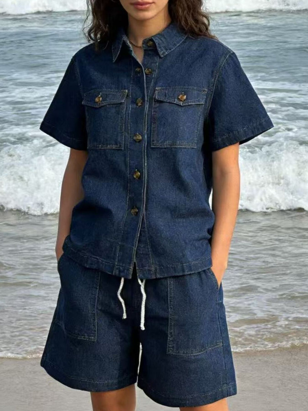 Dark Blue Short sleeve denim shirt and drawstring shorts set