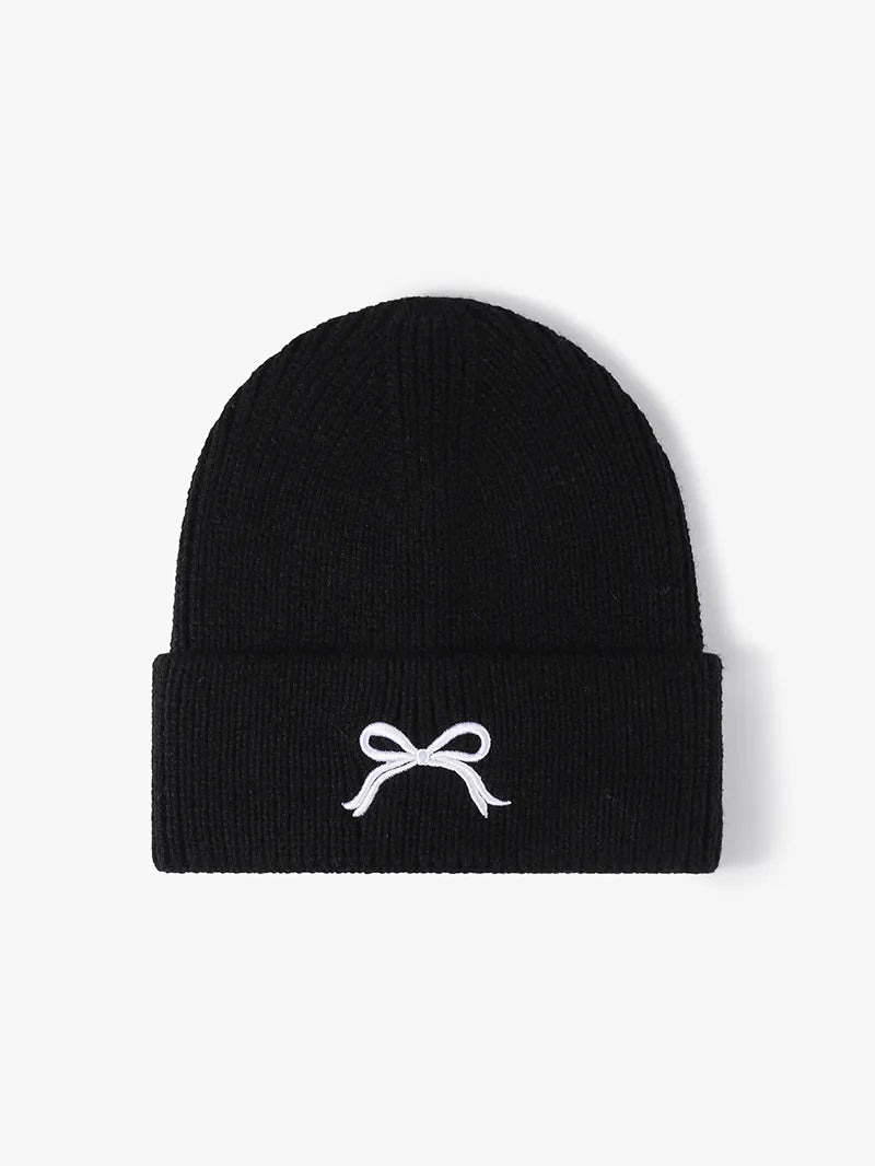 Black Embroidered bow ribbed knit cuffed beanie hat