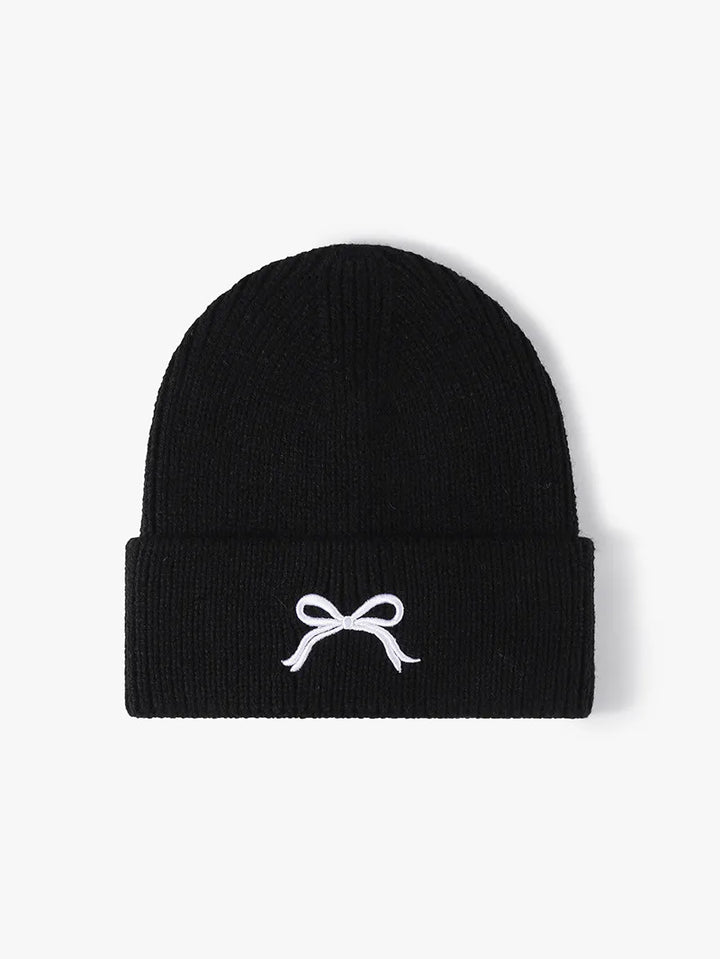 Black Embroidered bow ribbed knit cuffed beanie hat