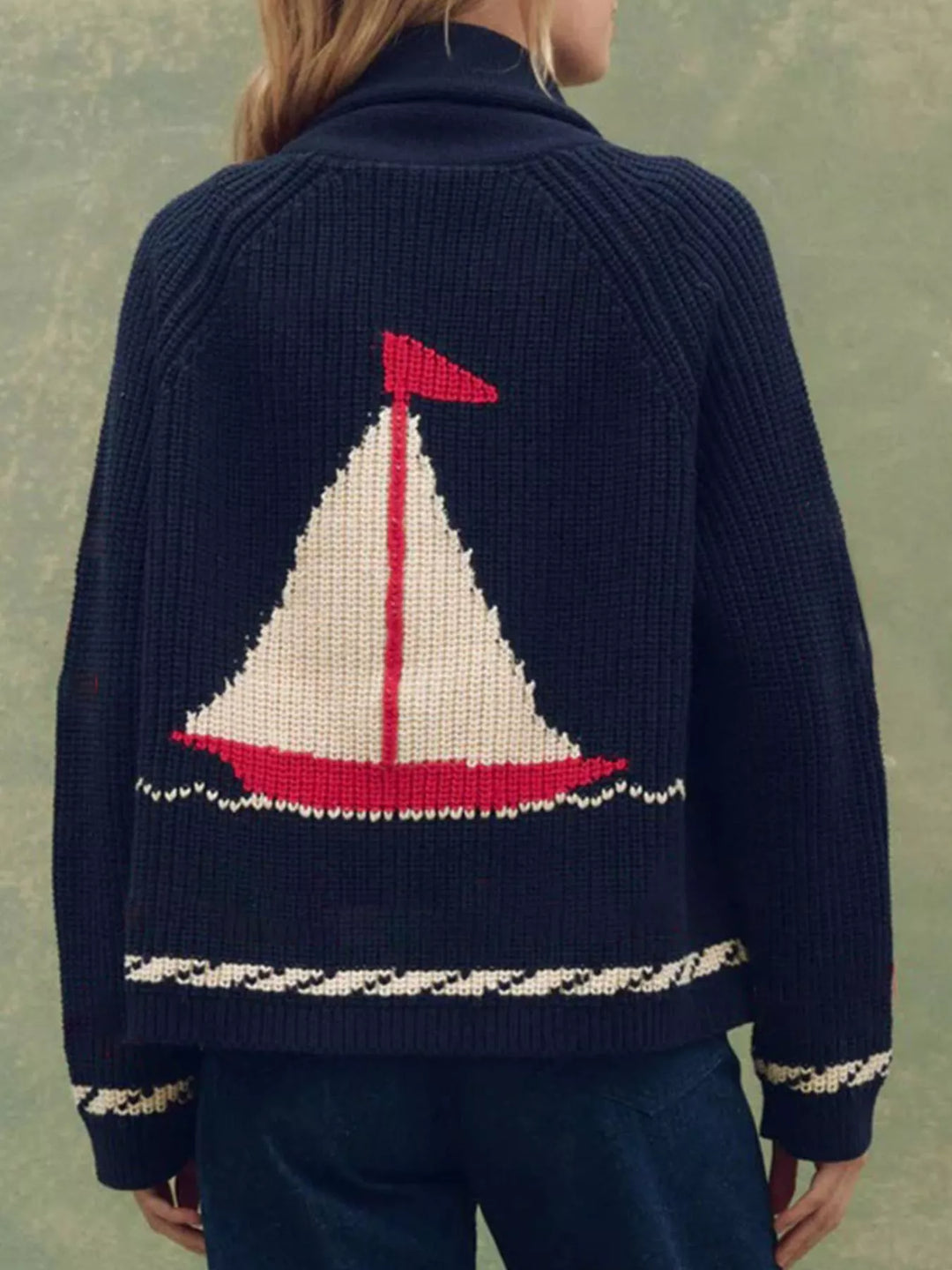 Open-front sailboat knit long sleeve cardigan