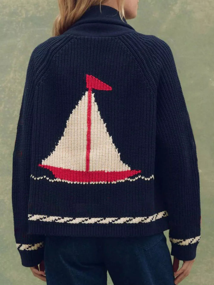 Open-front sailboat knit long sleeve cardigan