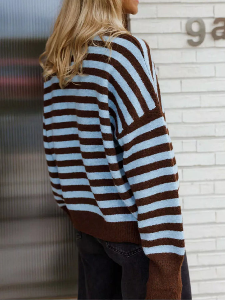 Striped drop-shoulder crew neck sweater with ribbed cuffs