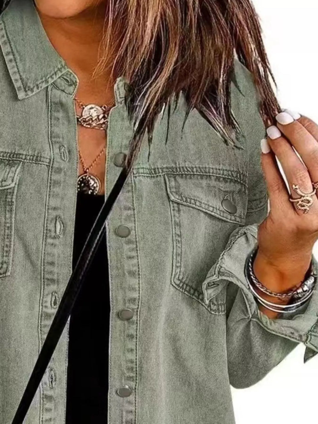 Frayed raw hem button-up denim jacket with flap pockets