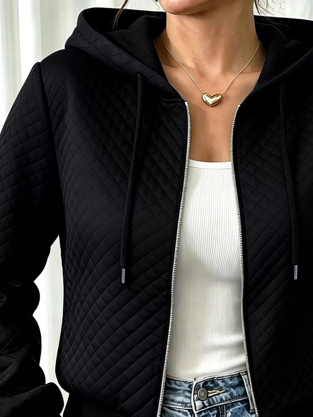 Diamond quilted zip-up hoodie jacket with drawstring hood
