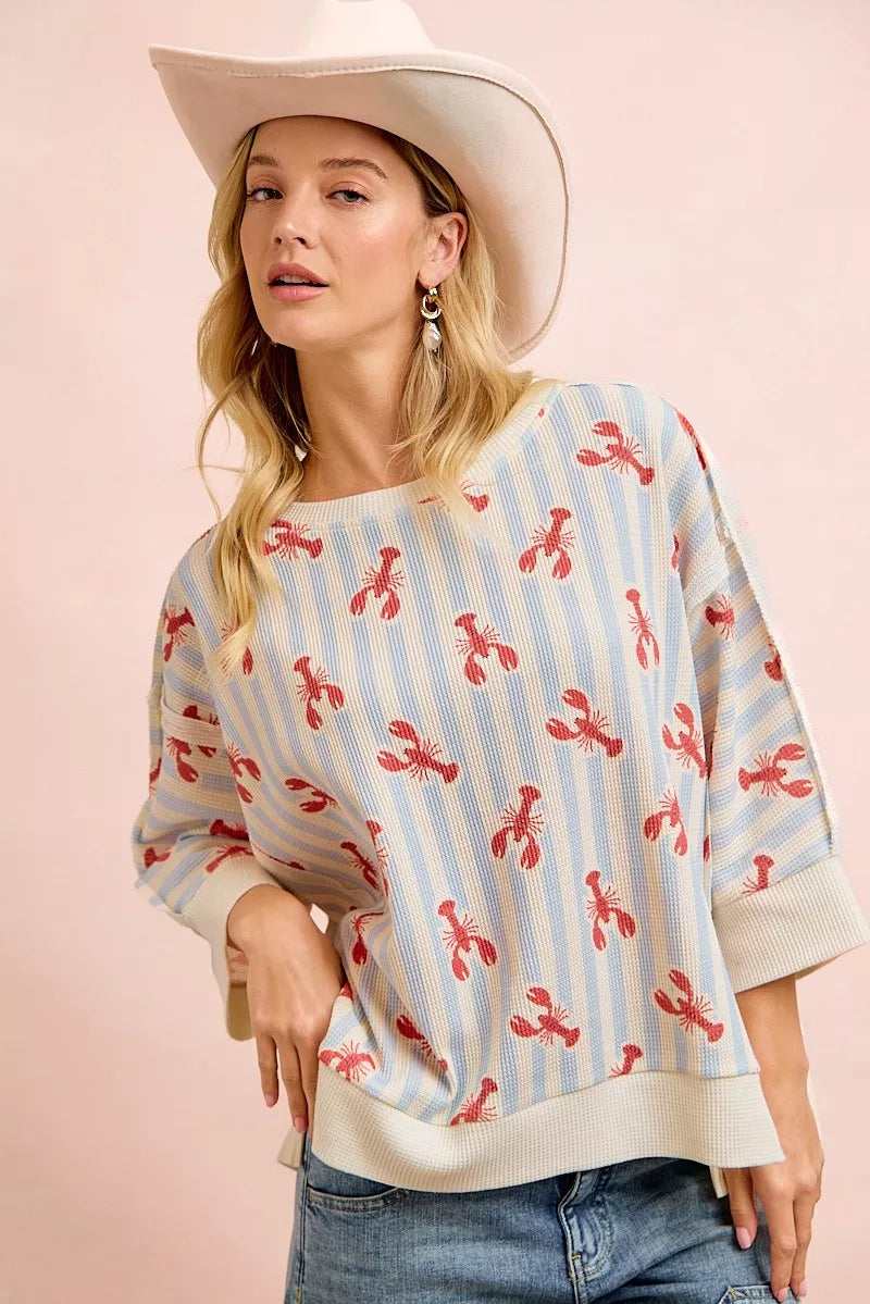 Light Blue/Red Striped lobster print waffle knit boat neck top