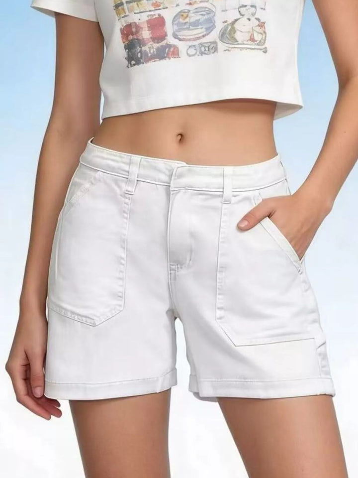 Gray/white Patch pocket mid-rise denim shorts with cuffed hem