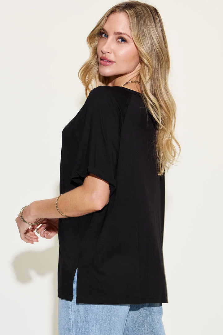 Relaxed bamboo V-neck short sleeve tee with side slits
