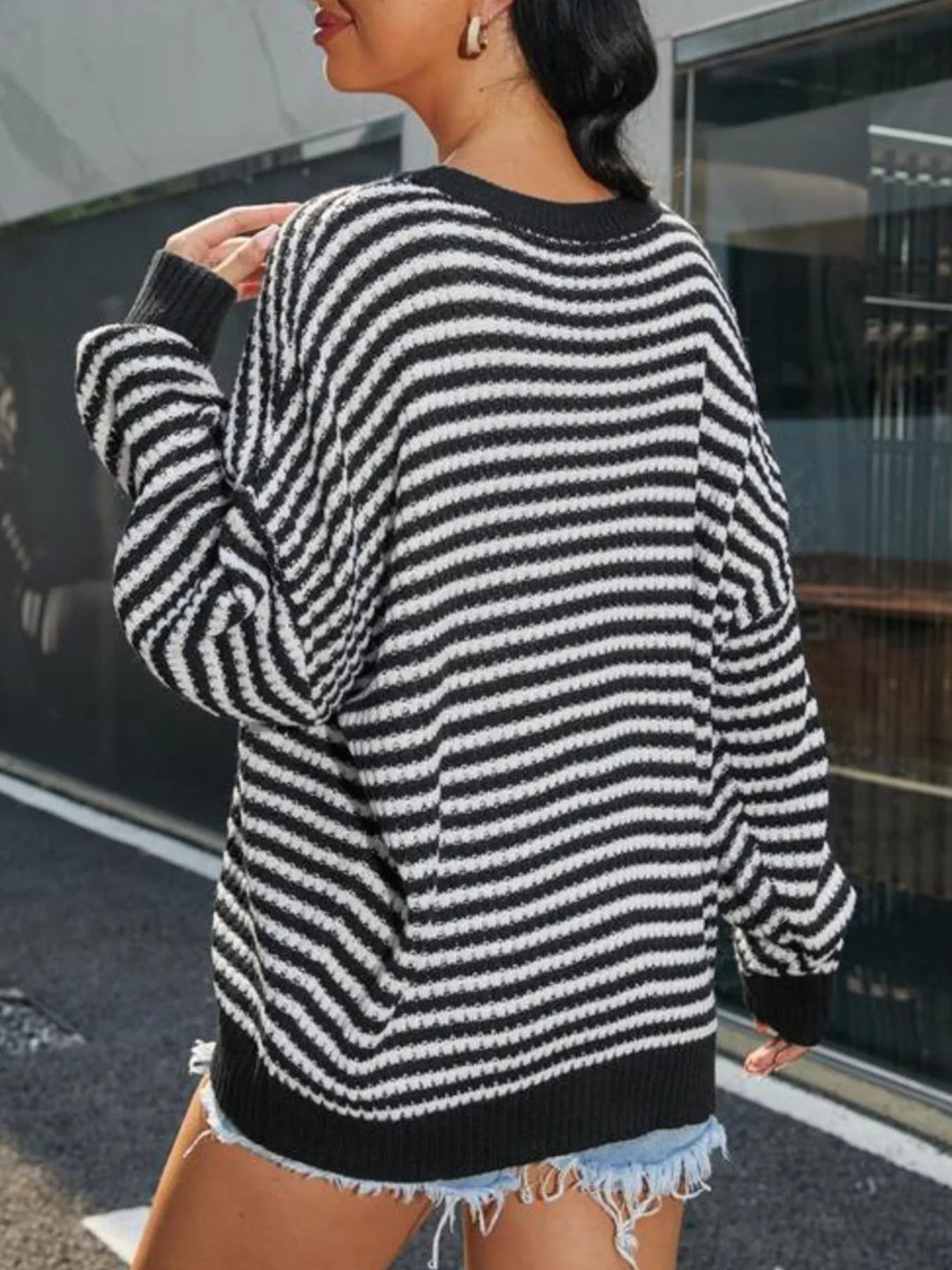 Striped drop-shoulder ribbed knit crew neck sweater