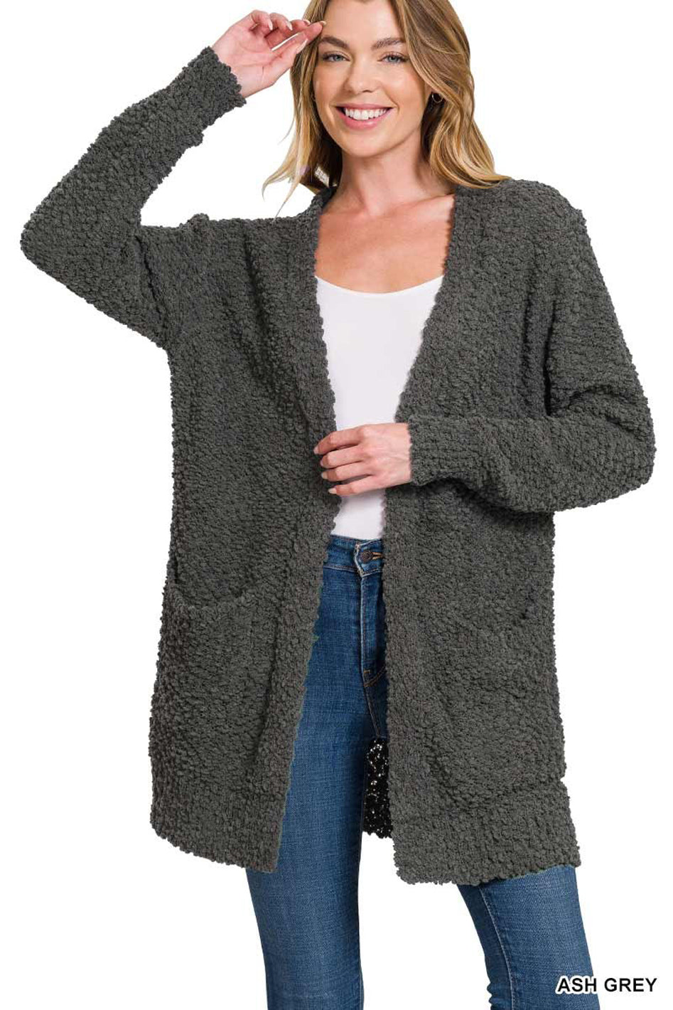 Long Sleeve Popcorn Sweater Cardigan with Pockets - Azoroh