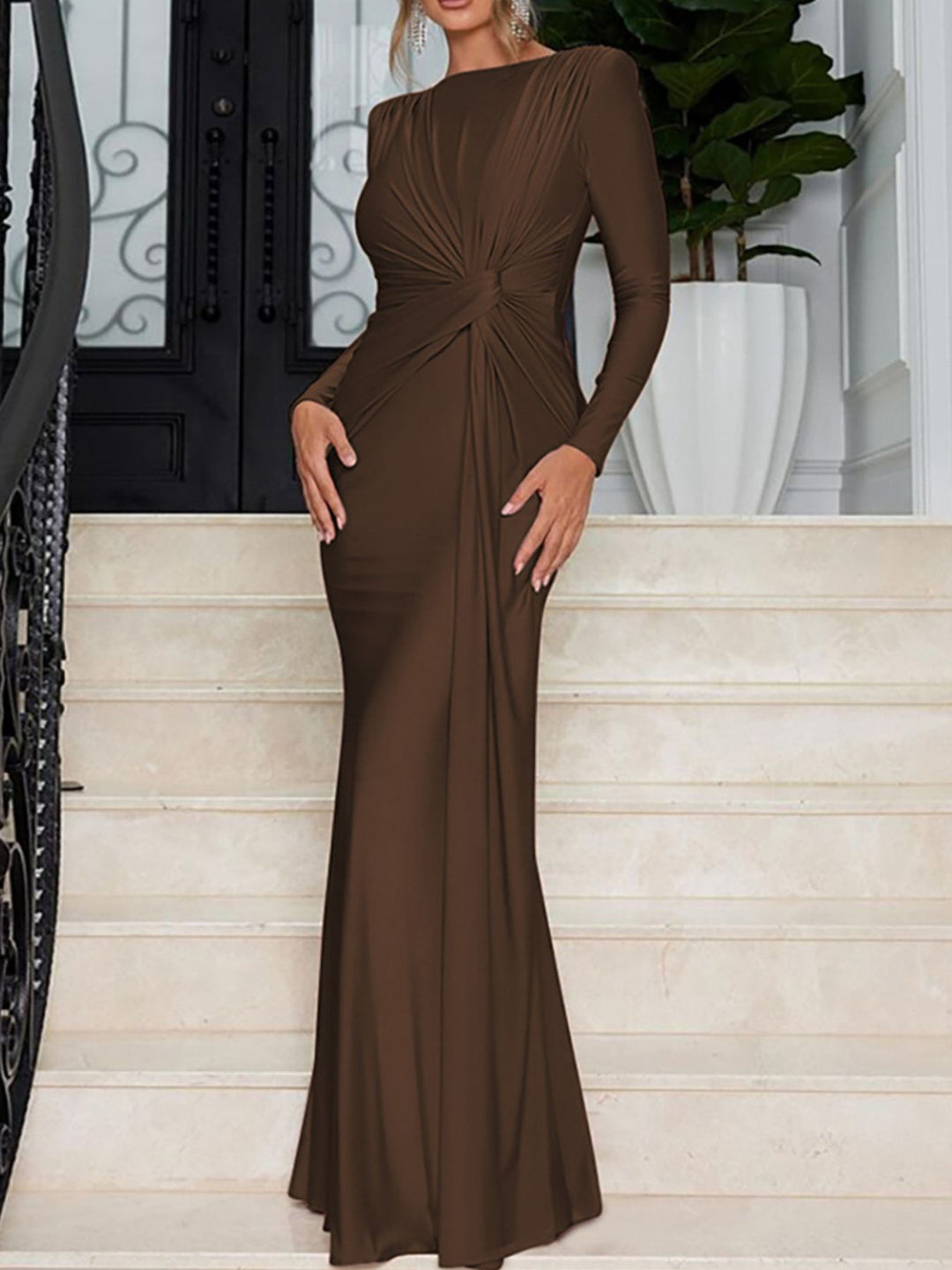 Brown Ruched Knot Front Long Sleeve Maxi Dress