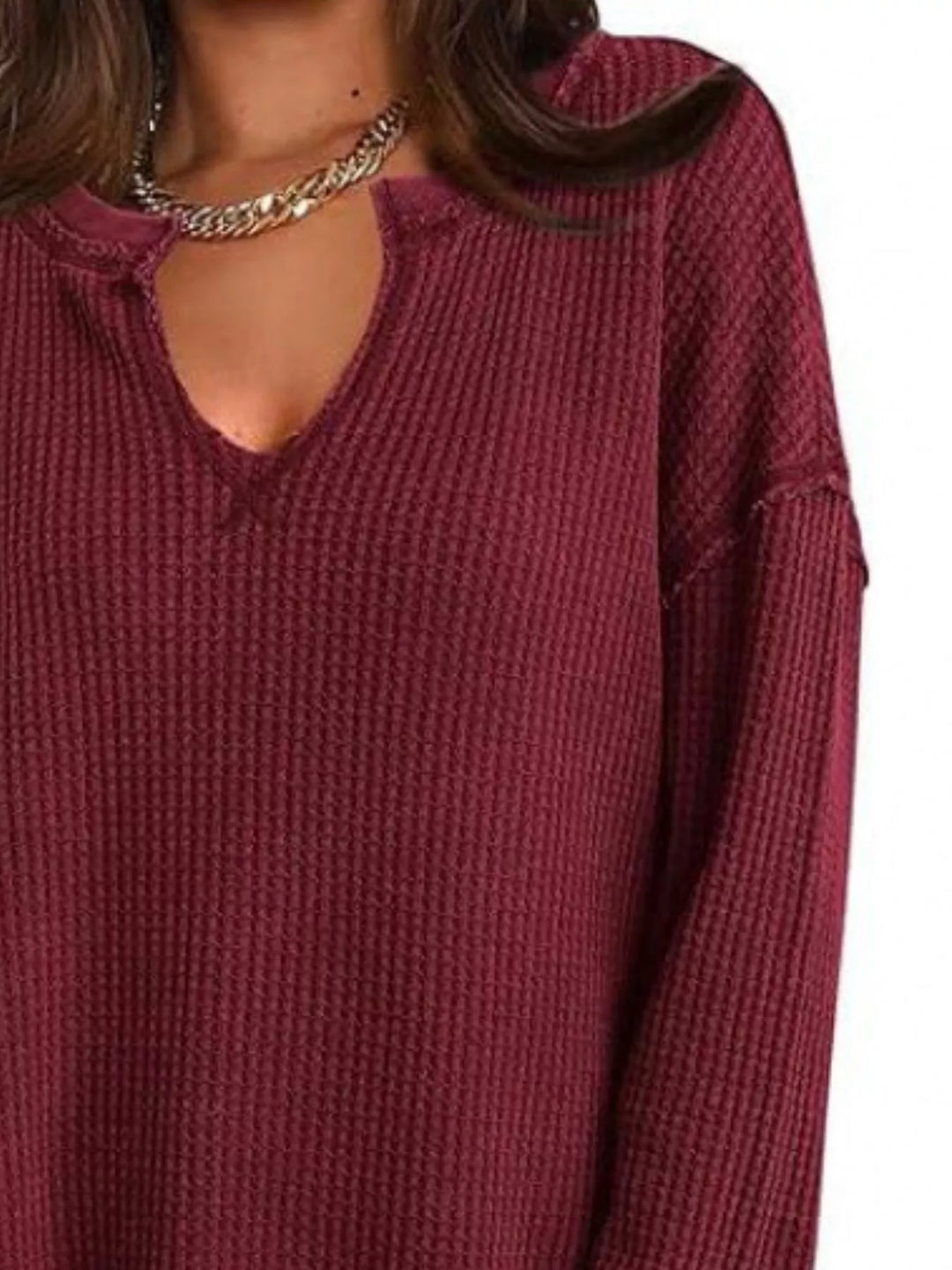 Waffle knit notched neck long sleeve tunic top