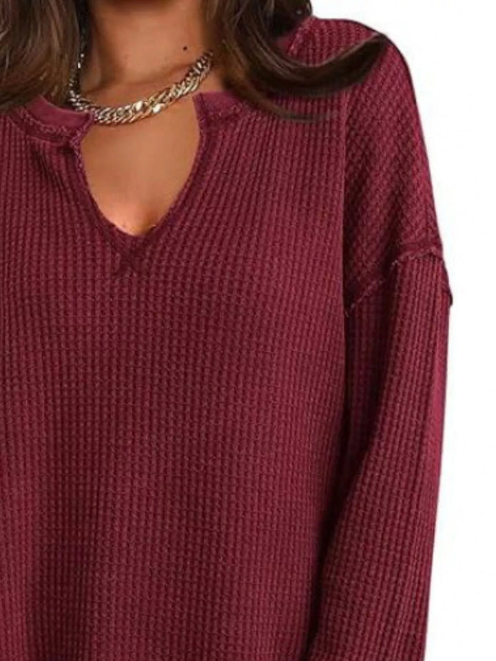 Waffle knit notched neck long sleeve tunic top